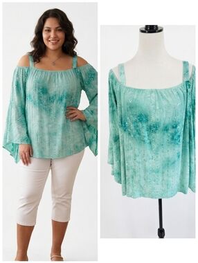 Avenue Bell Sleeve Cold Shoulder Blouse Mint Green Women's Plus Size 18/20